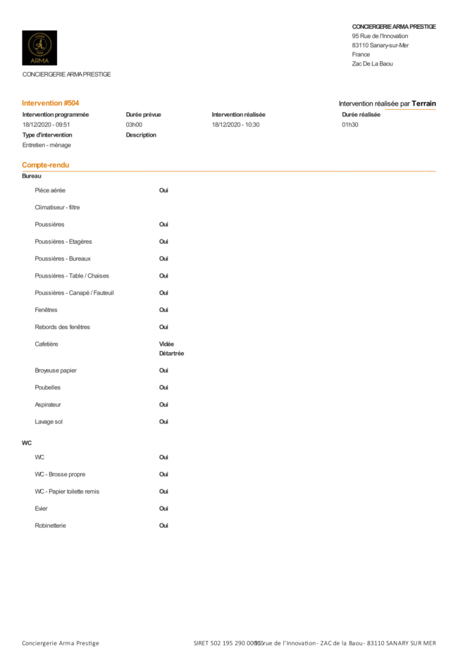 rapports d'interventions Conciergerie Arma Prestige