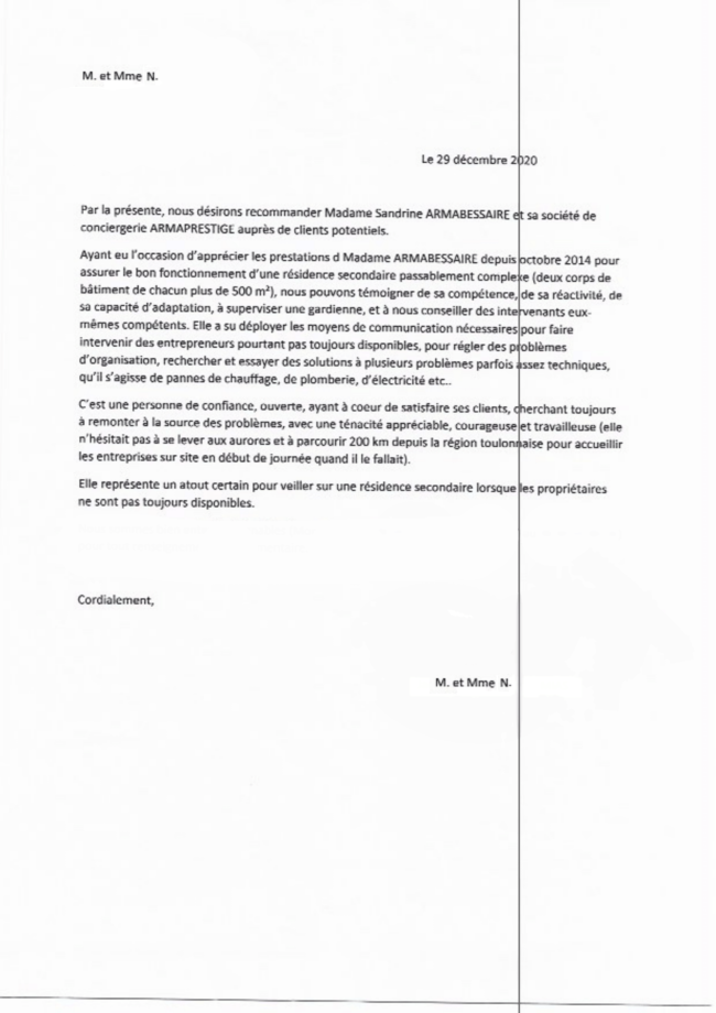 Lettre de recommandation Conciergerie Arma Prestige